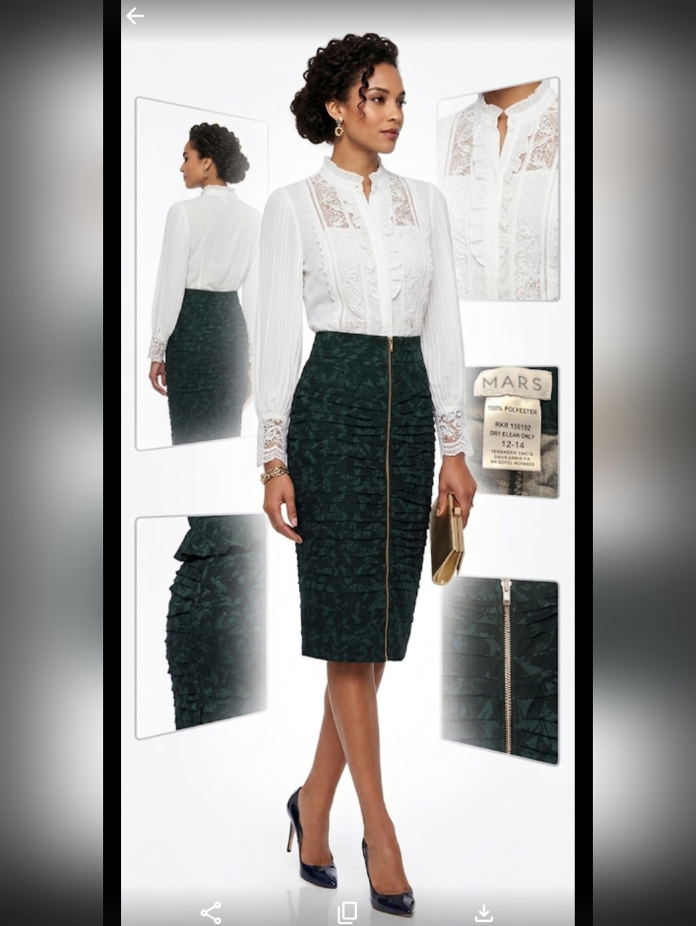 -Marste' dark green and black front gold zip fitted pencil skirt made in the USA